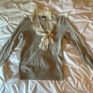 J. Crew Heather grey wool, nylon, and cashmere sweater with silk bow collar